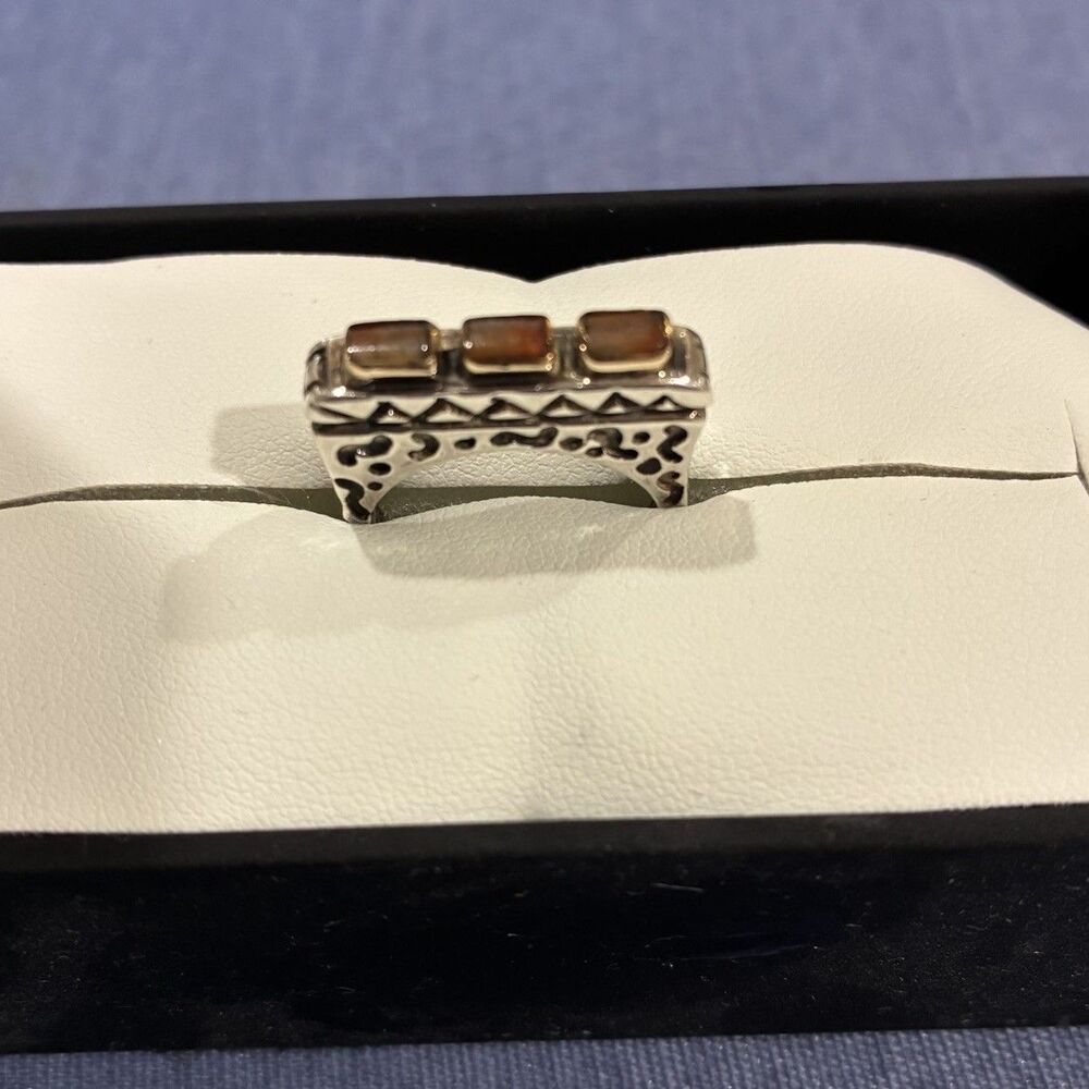 DIAN MALOUF DLM 14K Gold & Sterling Silver Brown Jasper Stackable Ring SZ 7